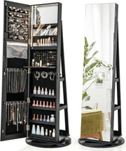 Black 360° Swivel LED Jewelry Cabinet Mirror Lockable 3-Color Storage