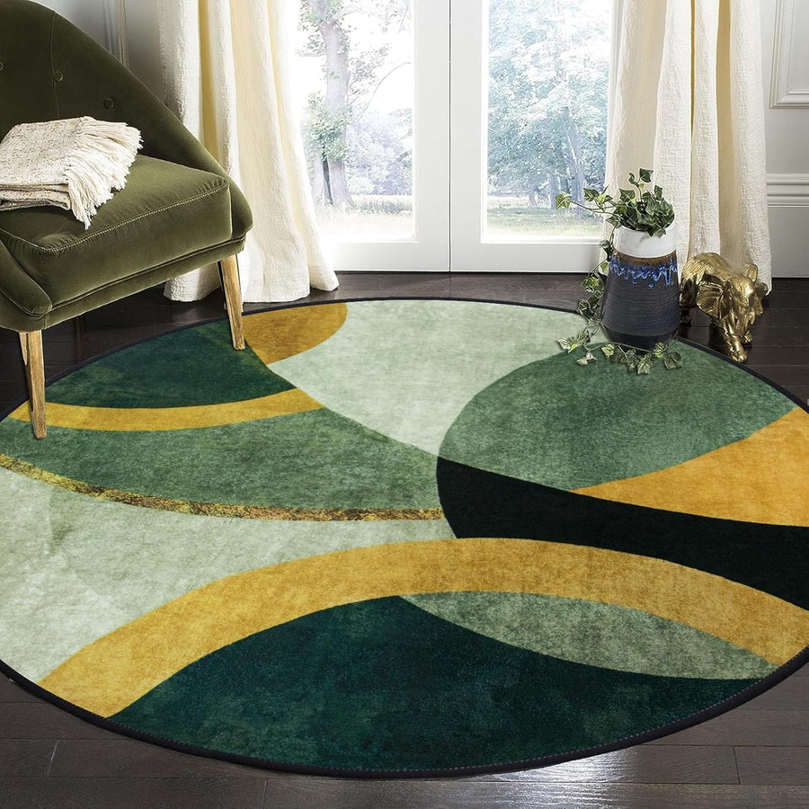 Large Round Area Rug 200cm Green Washable Non Slip Living Room Circle Carpet