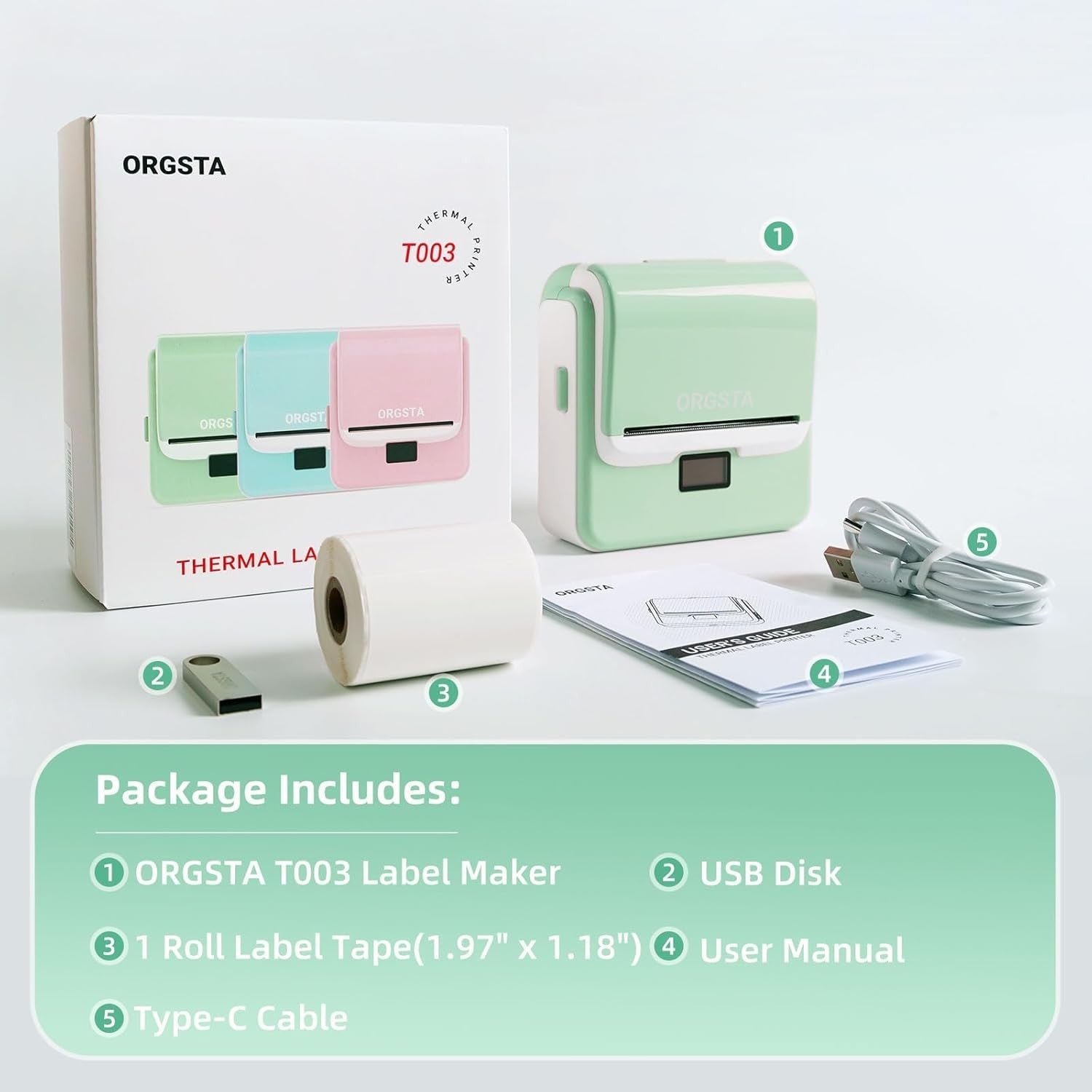 ORGSTA T003 Thermal Label Maker – Bluetooth & USB Portable Mini Printer 20-75mm