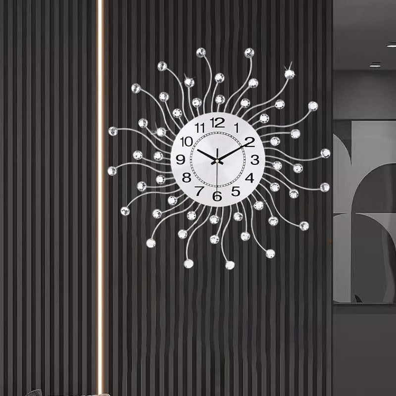 Modern Large Wall Clock 20" Silver Crystal Silent Non-Ticking Home Decor