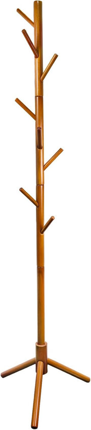 Brown Bamboo Coat Rack Freestanding 8 Hooks | Adjustable Wooden Hall Tree Stand