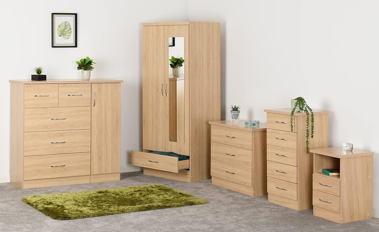 Slim Oak 5 Drawer Chest Tall Narrow Storage Unit for Bedroom Living Room