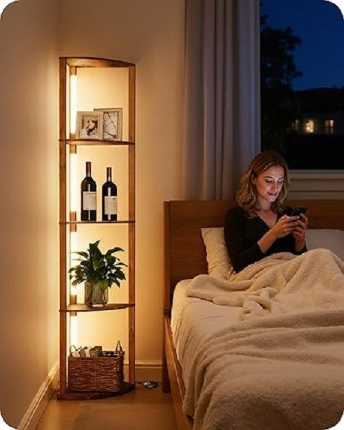Corner Floor Lamp with Shelves Dimmable LED 4 Tier Wooden Standing Light