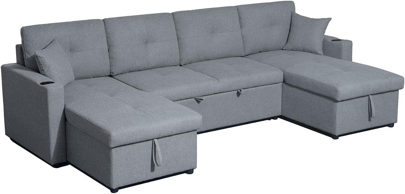 Grey Fabric U-Shaped 4 Seater Sofa Bed with Storage & Pull-Out Suite
