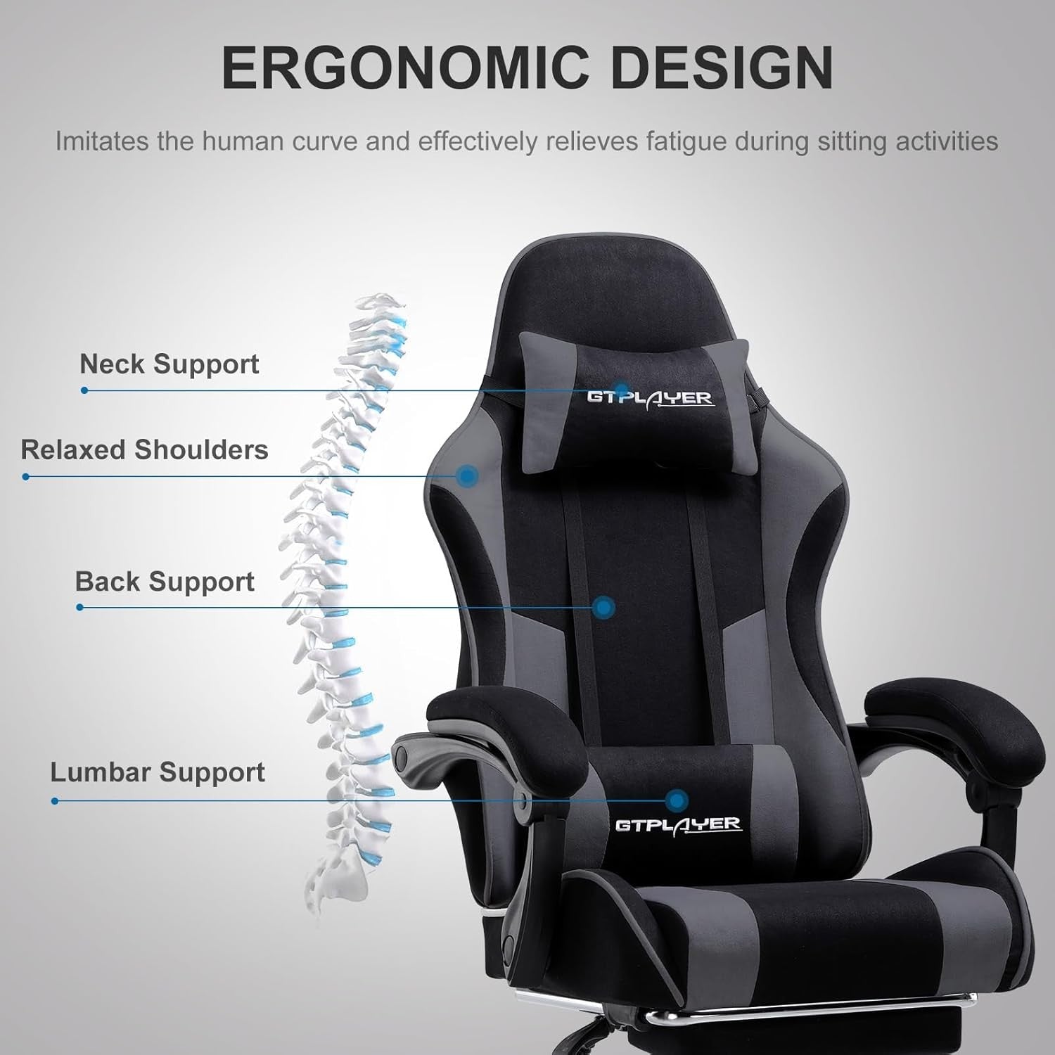 Fabric Gaming Chair Massage Ergonomic Reclining Office Chair Grey
