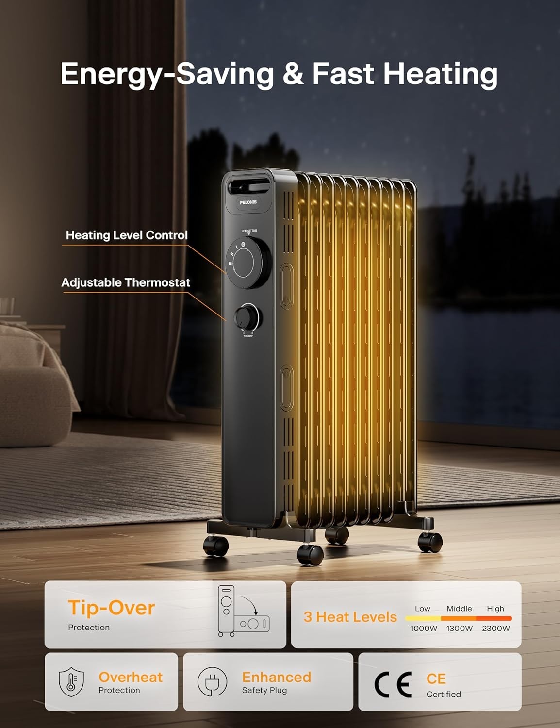 Oil Filled Electric Radiator 3 Heat Settings Adjustable Thermostat 2.3kW