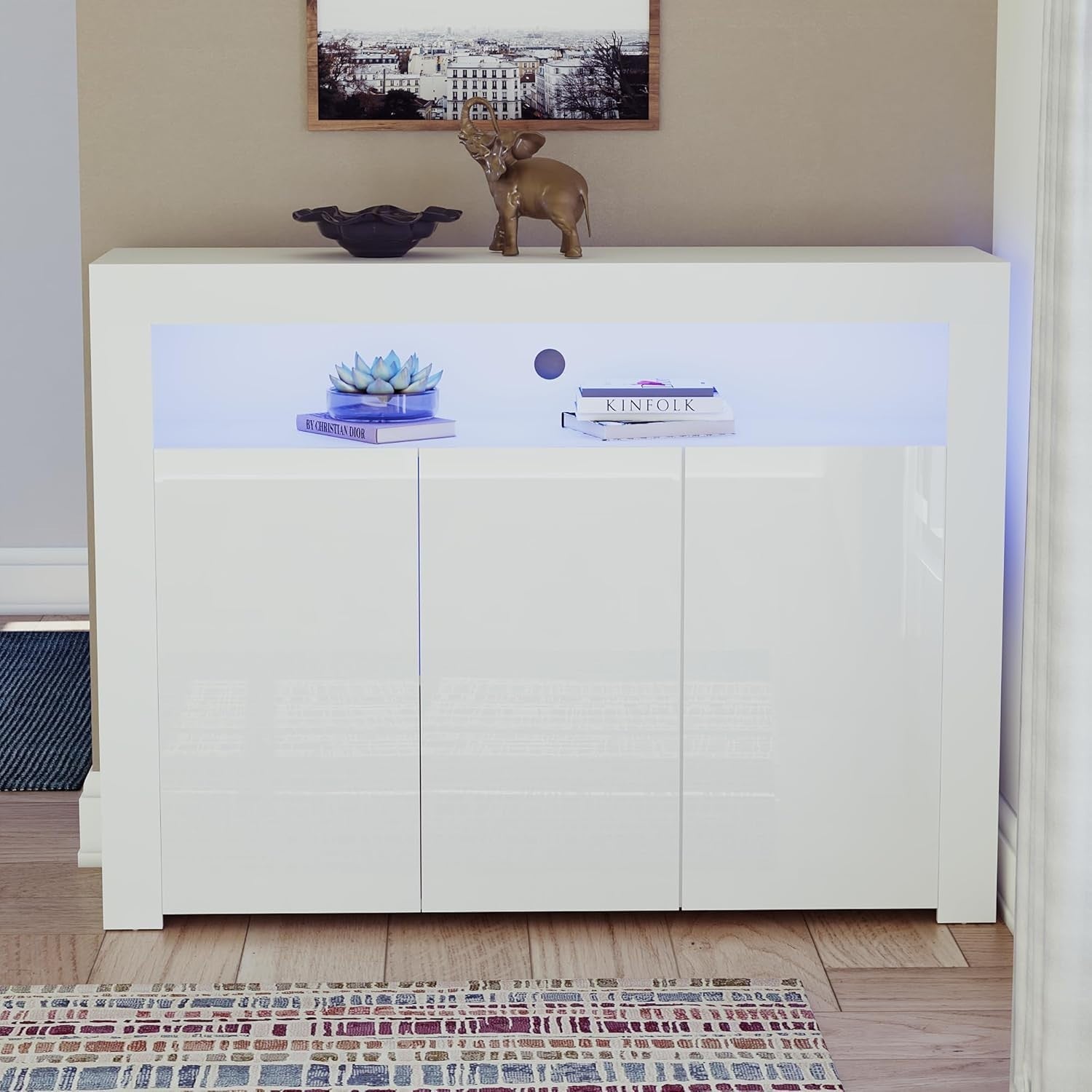 Modern White LED Sideboard 3 Doors 3 Drawers RGB Lighting Storage Cabinet