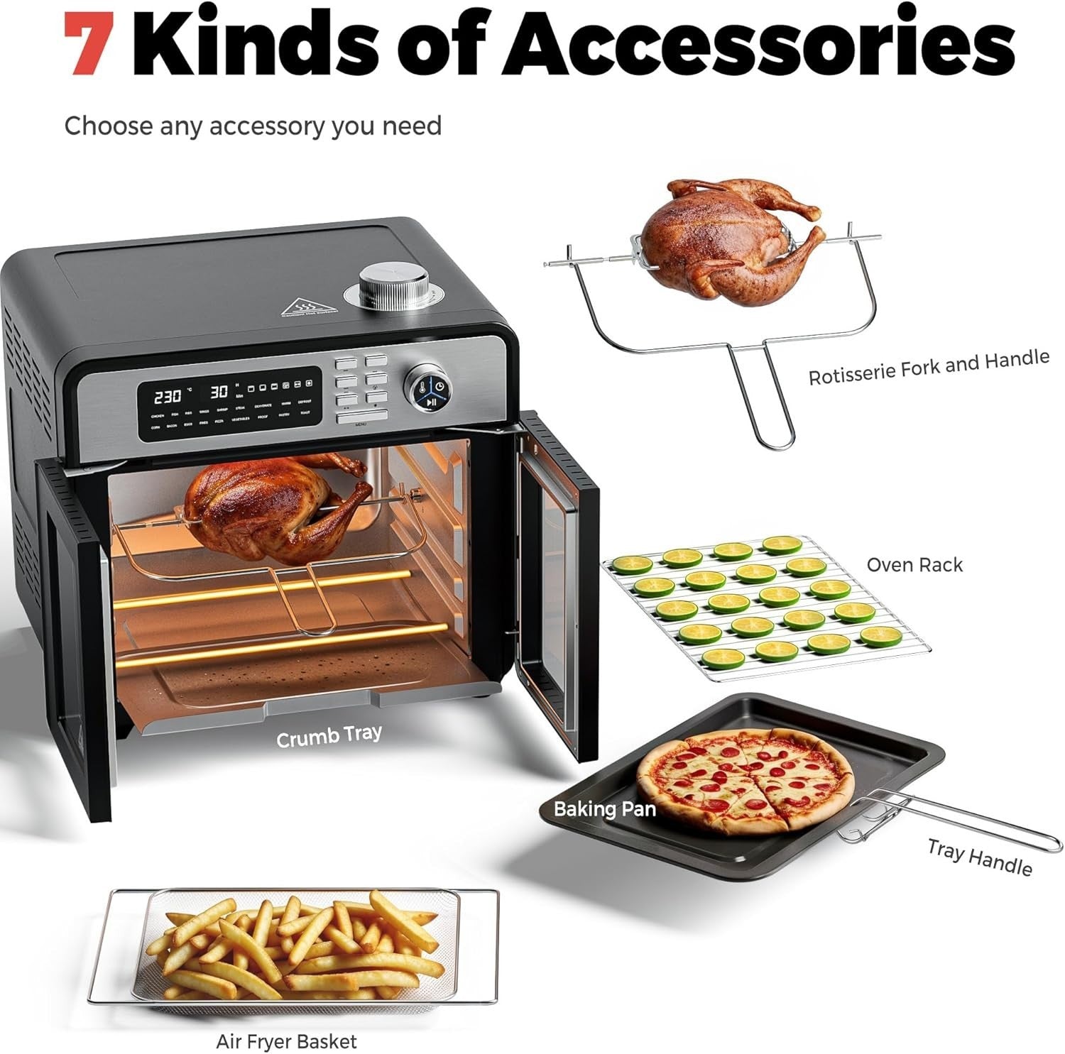28L Air Fryer Oven Rotisserie 18-in-1 1700W Window Light 30-230C No Oil