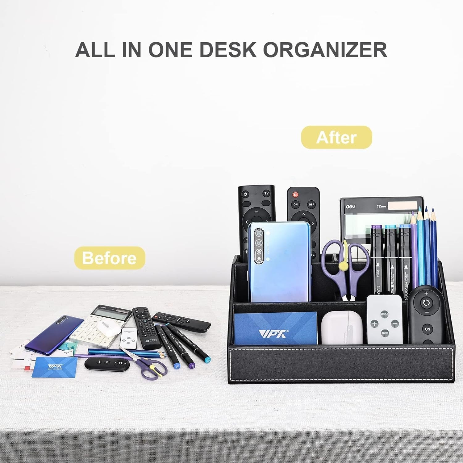 Black Multi-Compartment Desk Organizer – Pen, Phone & Office Tidy