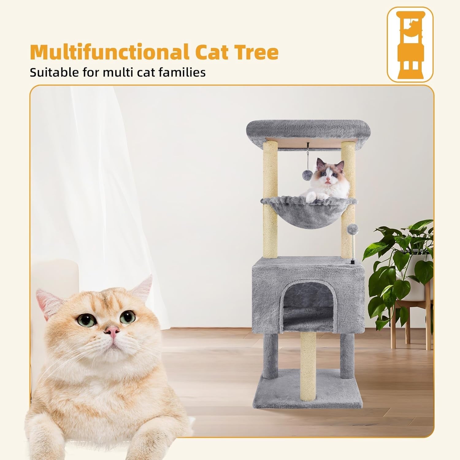 110cm Cat Tree Tower Condo Hammock Sisal Scratching Posts Small Spaces