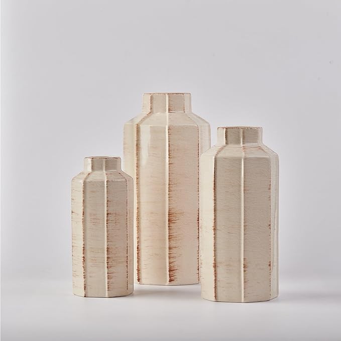 Ceramic Vase Set of 3 Rustic Farmhouse Ice Crack Glaze Table Shelf Decor