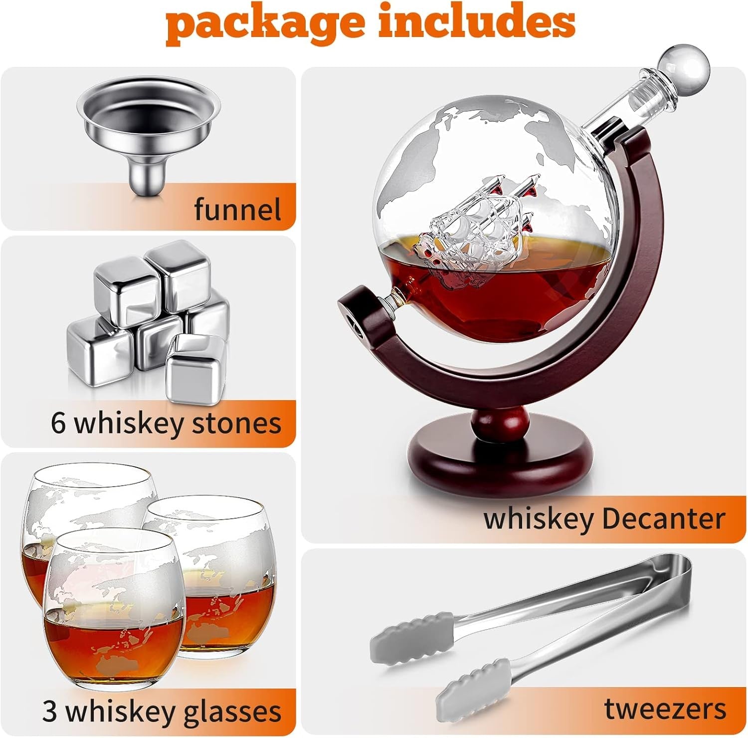 Globe Whiskey Decanter Set 900ml with 3 Glasses & 6 Stones | Luxury Gift for Men