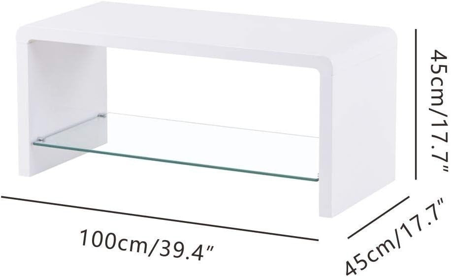 High Gloss White Coffee Table with Tempered Glass Storage Shelf 100x45x45cm