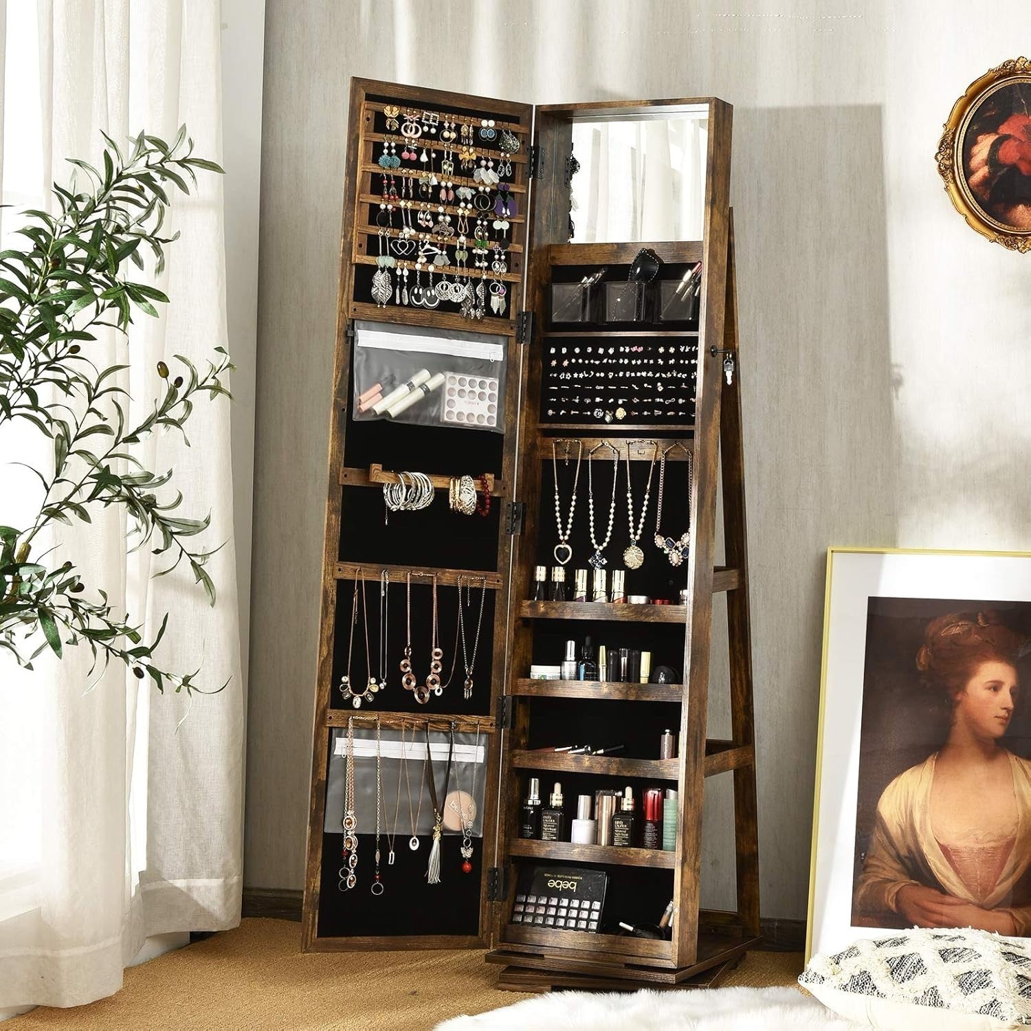 Rustic Brown 360° Swivel Jewelry Cabinet Mirror Lockable 3-in-1 Storage