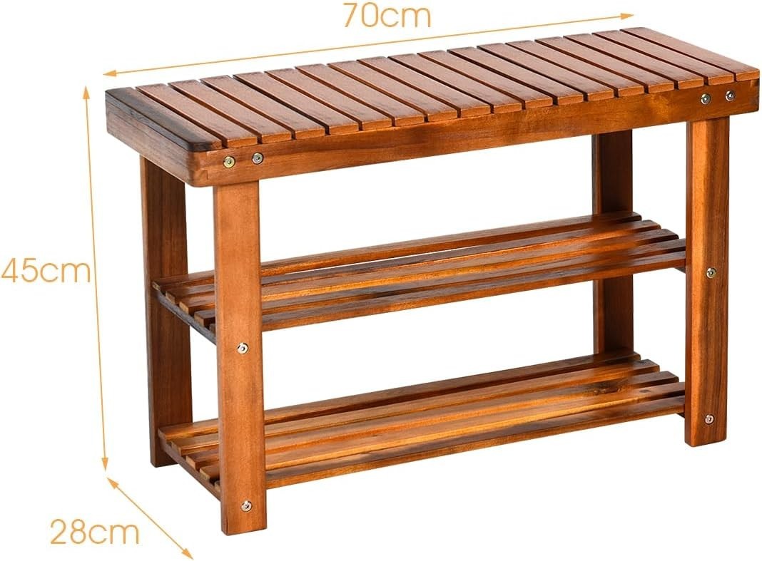 3-Tier Acacia Wood Shoe Rack Bench Wide Storage Seat for Hallway Entryway