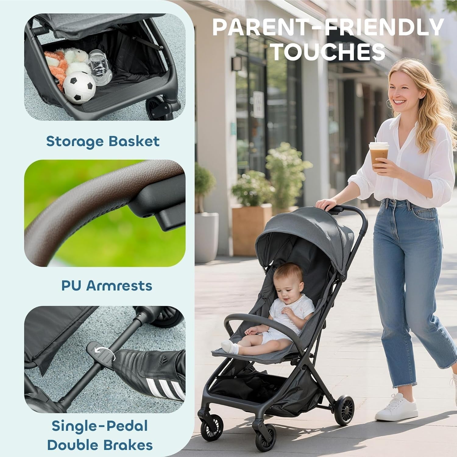 Lightweight Foldable Pushchair Travel Stroller Newborn to 3 Years Dark Grey