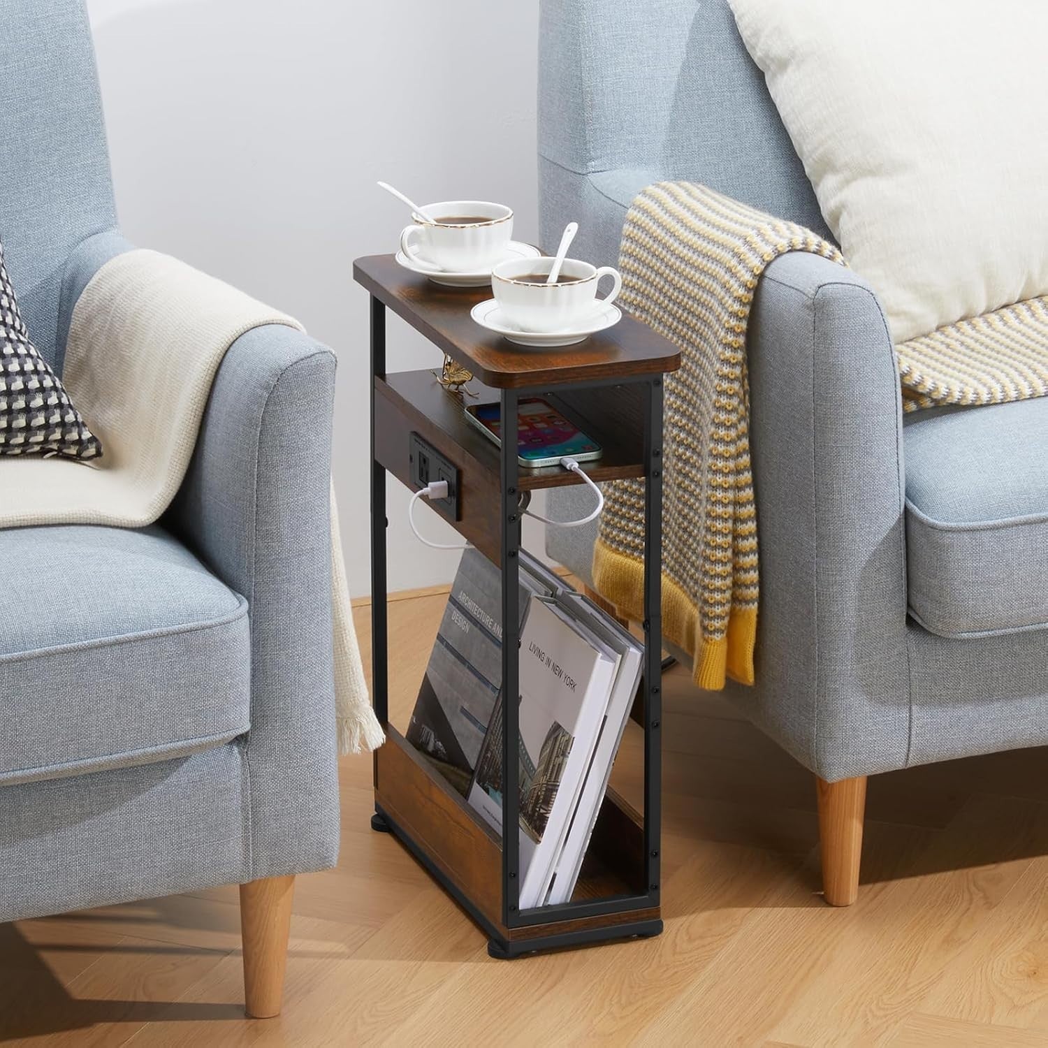 Slim Bedside Table with USB Charging Ports & Storage, Rustic Brown 55cm