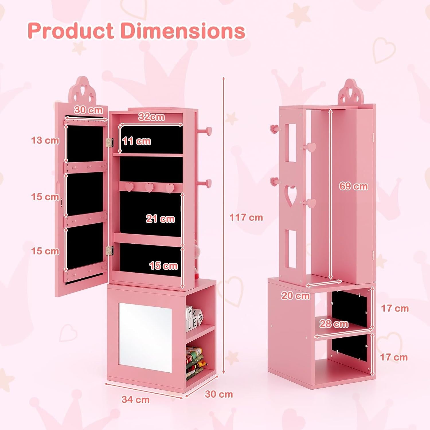 Kids Jewelry Armoire Mirror Vanity Dress Up Organizer with Clothes Rack