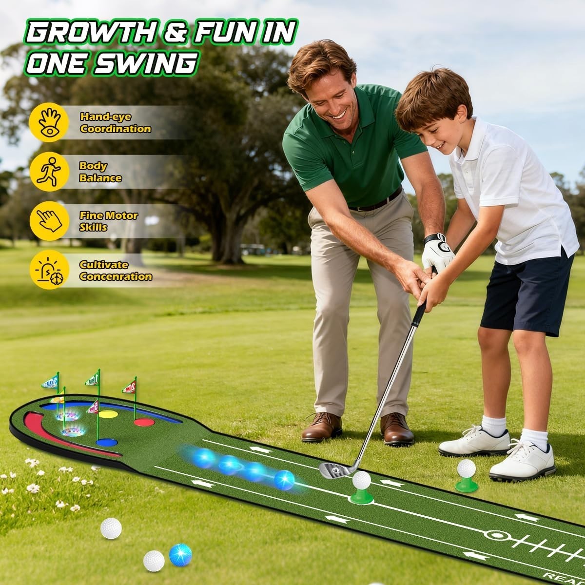 Kids Golf Putting Mat LED Light Up 7.8ft Training Green Indoor Outdoor