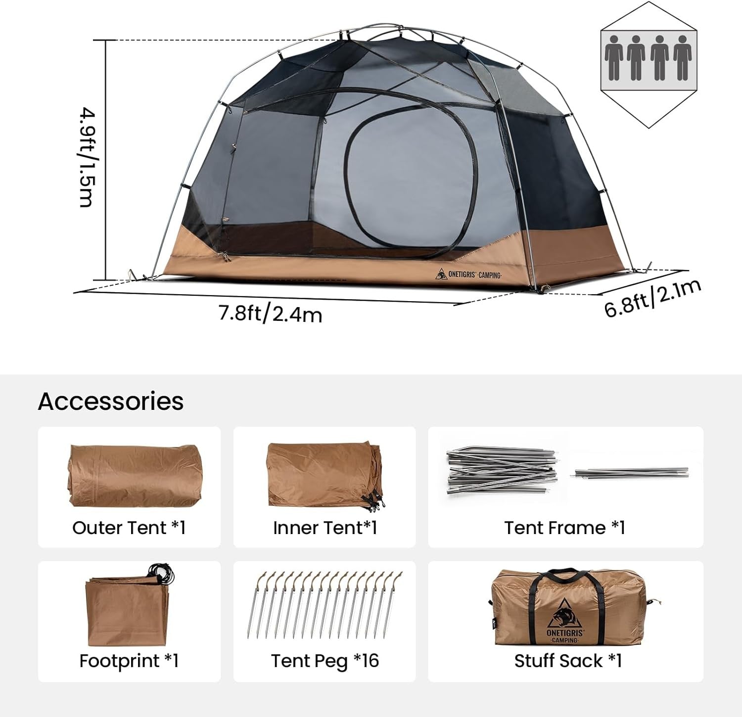 4 Person Waterproof Camping Tent 5000mm Dome 3 Season Shelter