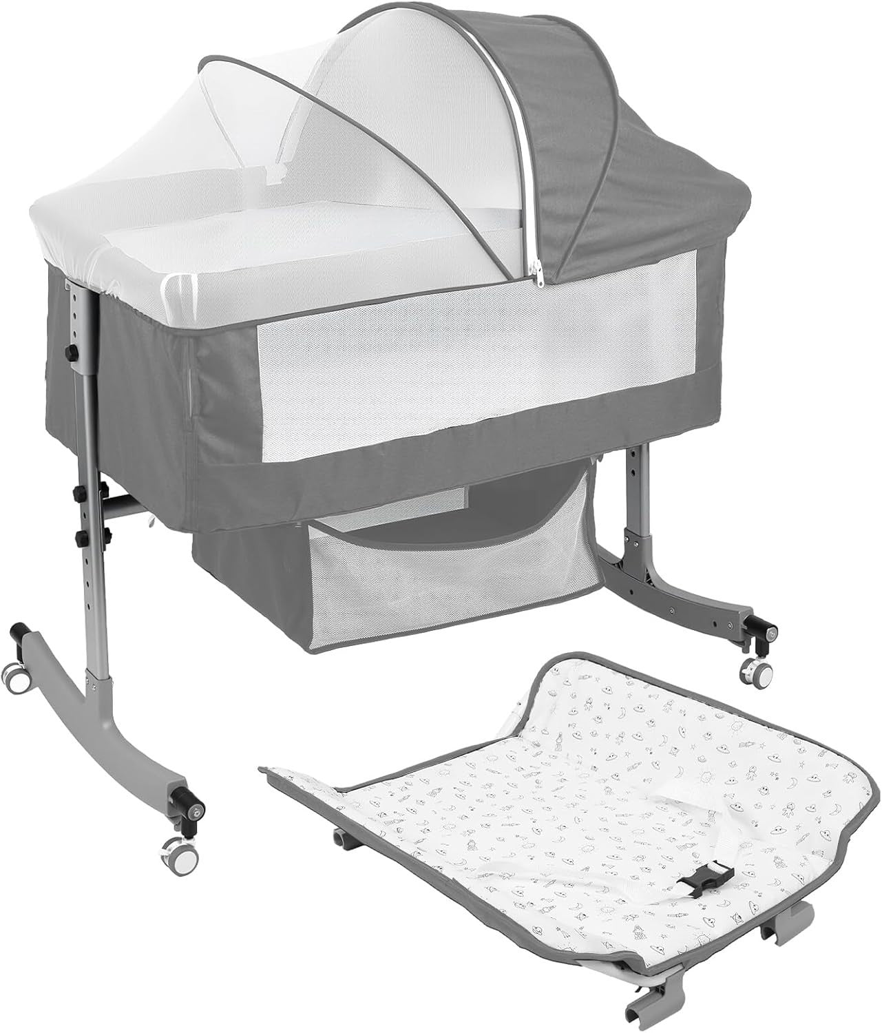 Rocking Bedside Crib with Mosquito Net Wheels Adjustable Height & Storage Grey
