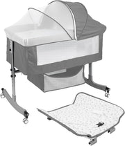 Rocking Bedside Crib with Mosquito Net Wheels Adjustable Height & Storage Grey