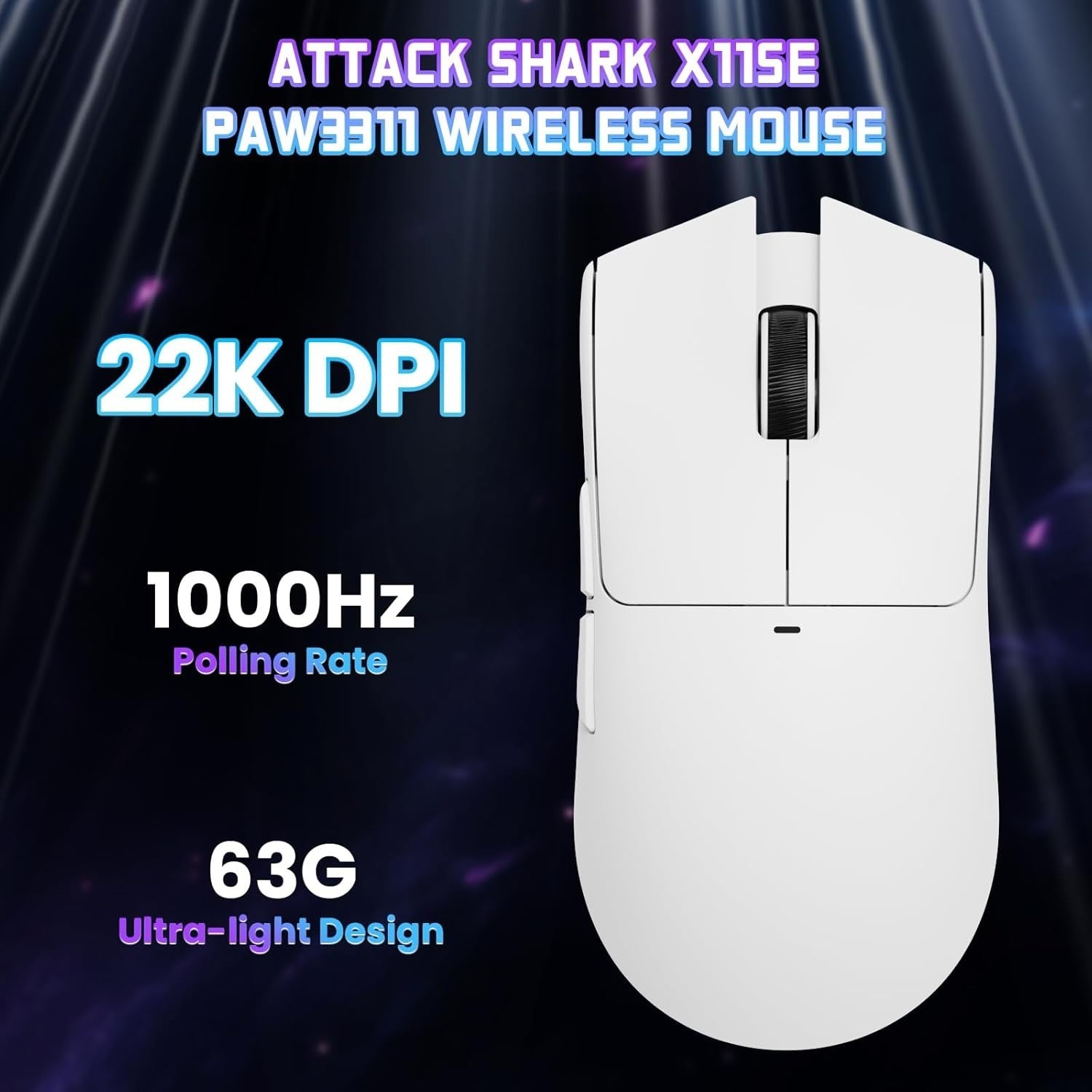 White Gaming Mouse 22K DPI 63g Ultra-Light Tri-Mode 1000Hz