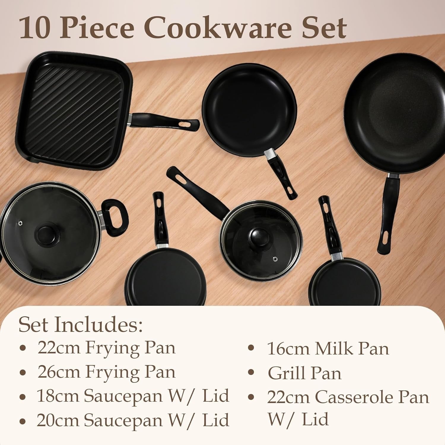 10Pcs Black Non Stick Cookware Pots and Pans Set with Glass Lids & Grill Pan