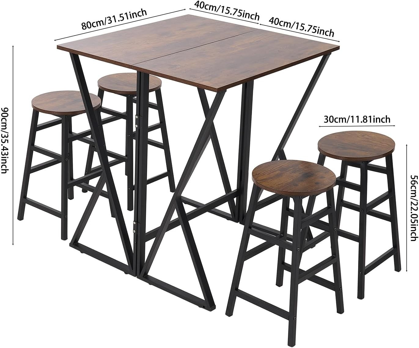 5-Piece Folding Breakfast Bar Table & 4 Stools Set – Vintage Brown Compact