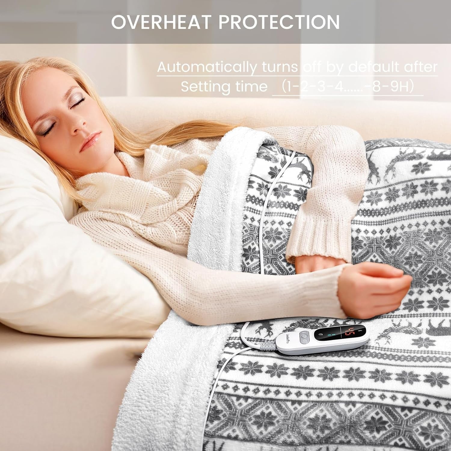 Double Electric Heated Blanket Fast Heat 9 Levels Timer Washable Fleece