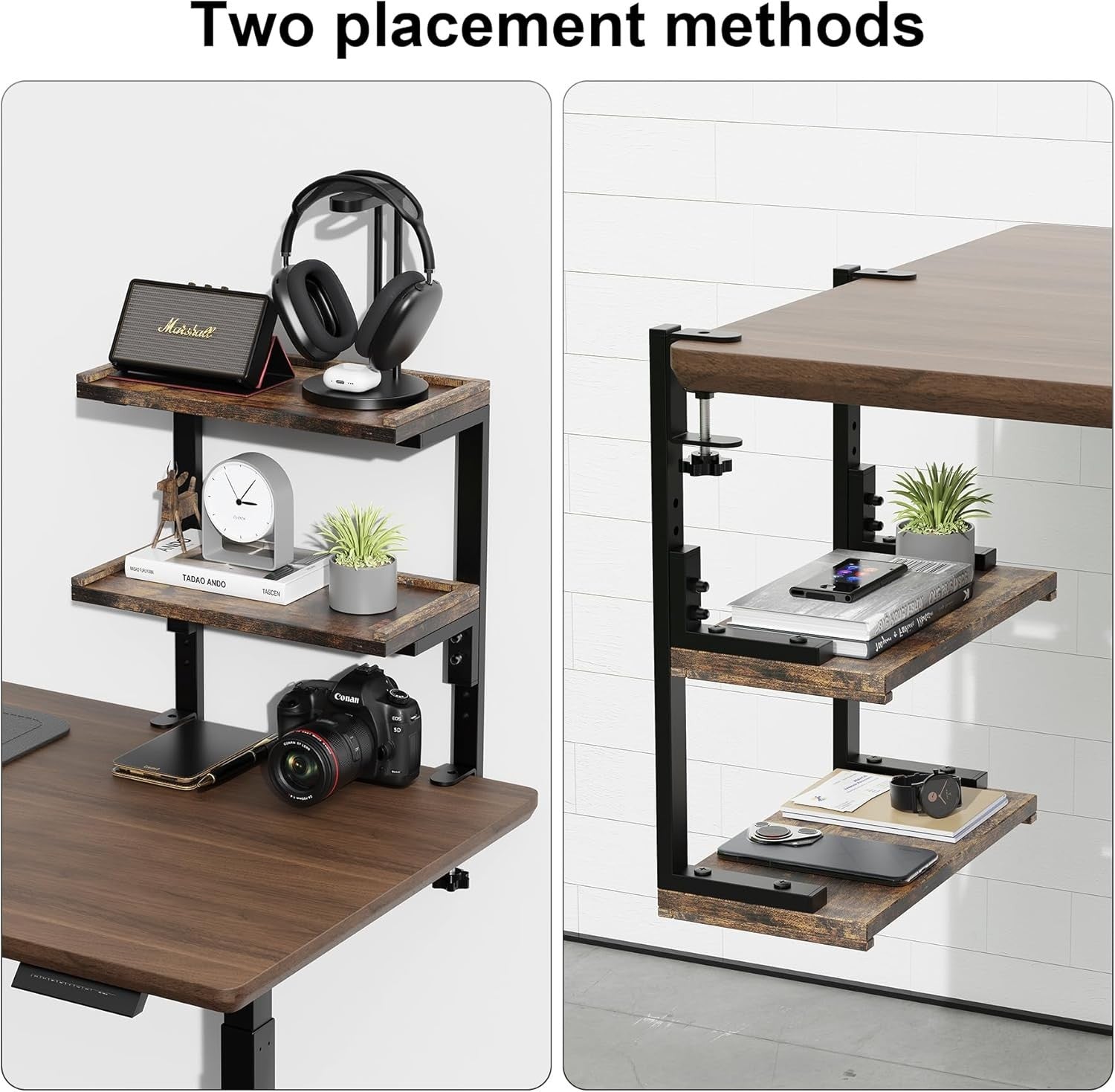 Clamp-On Desk Shelf 2-Tier Adjustable Wood Desktop Organizer Storage Rack