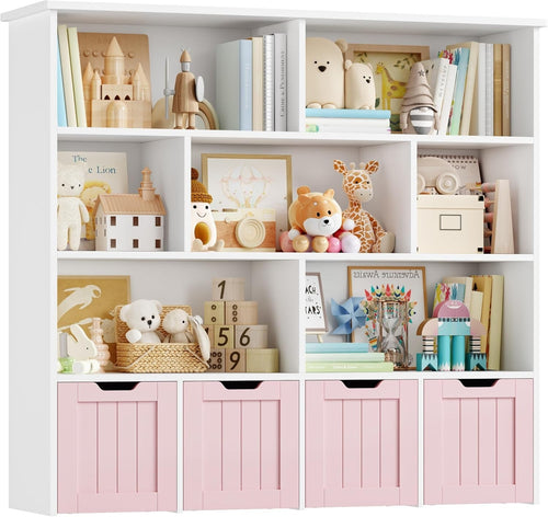 Kids Toy Storage Unit with 7 Shelves & 4 Drawers on Wheels – Pink+White Organize