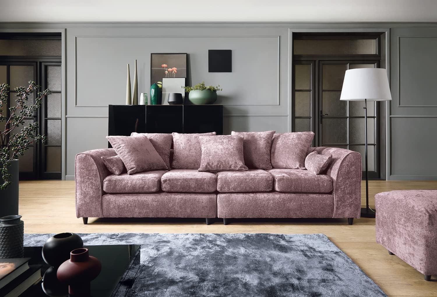 4 Seater Sofa Pink Chenille Large Couch Modern Deep Seat Living Room Seating