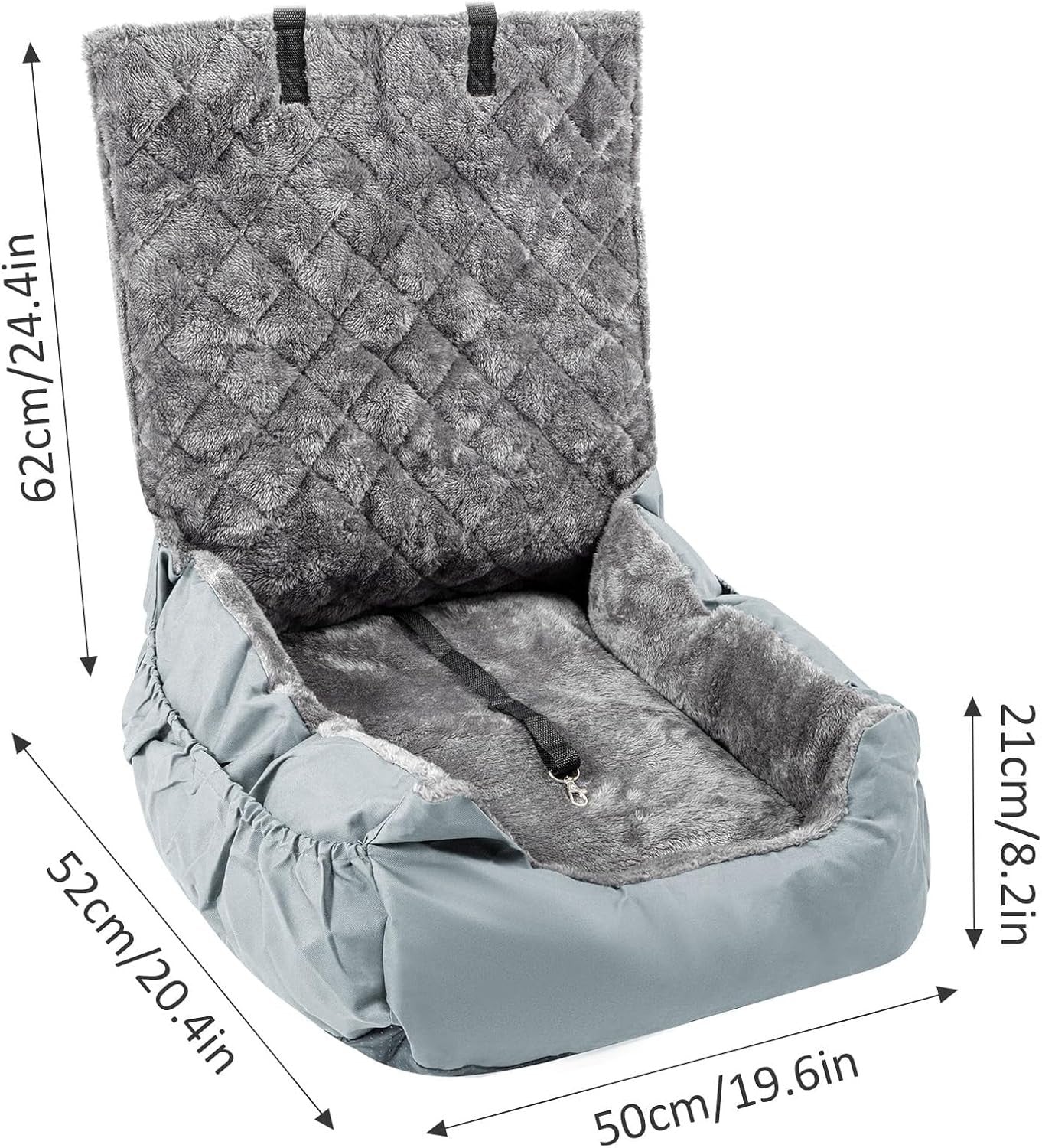 Pet Car Booster Seat Plush Dog Travel Bed Safety Leash Non Slip Grey