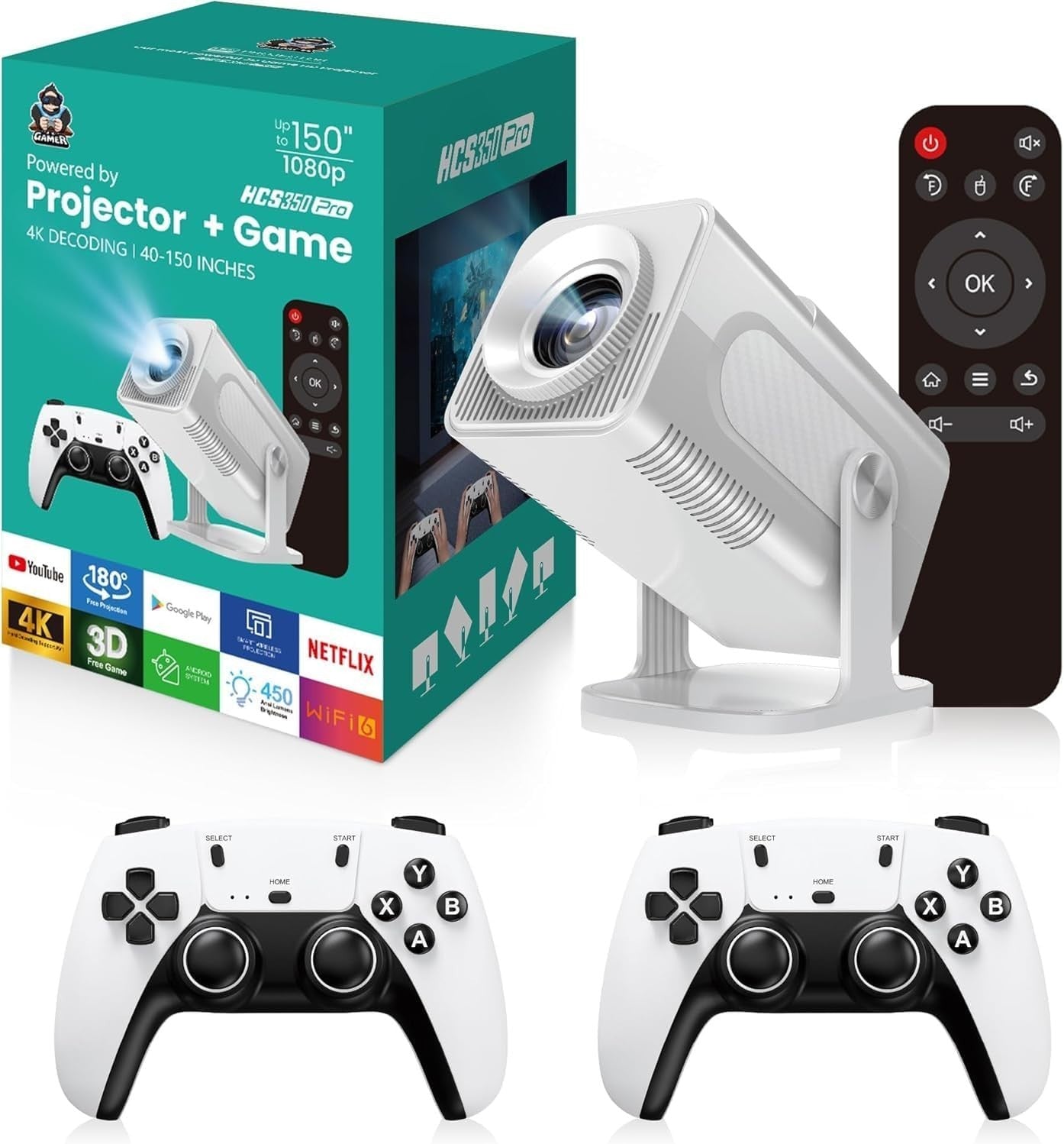 Retro Game Projector 4K Smart Android 12 30000 Games WiFi Bluetooth