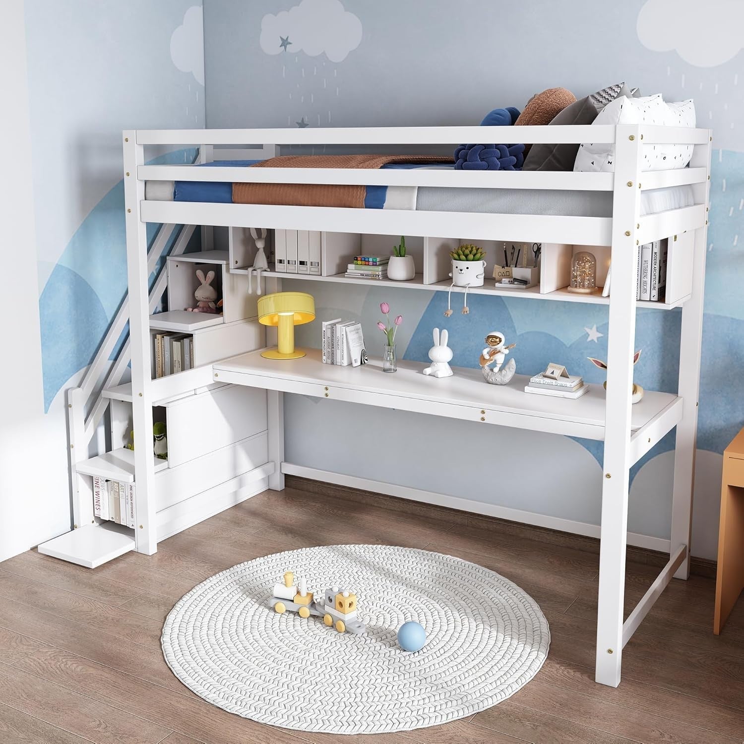 Loft Bunk Bed with Desk & Storage Stairs, 3FT 90x190cm Kids Single Bed White
