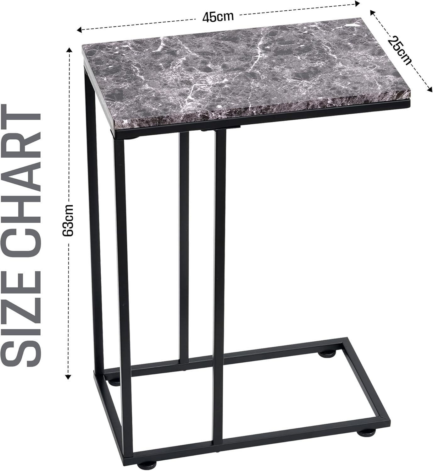 Black Marble C Shaped Sofa Side Table | Slim Coffee Snack Laptop Stand