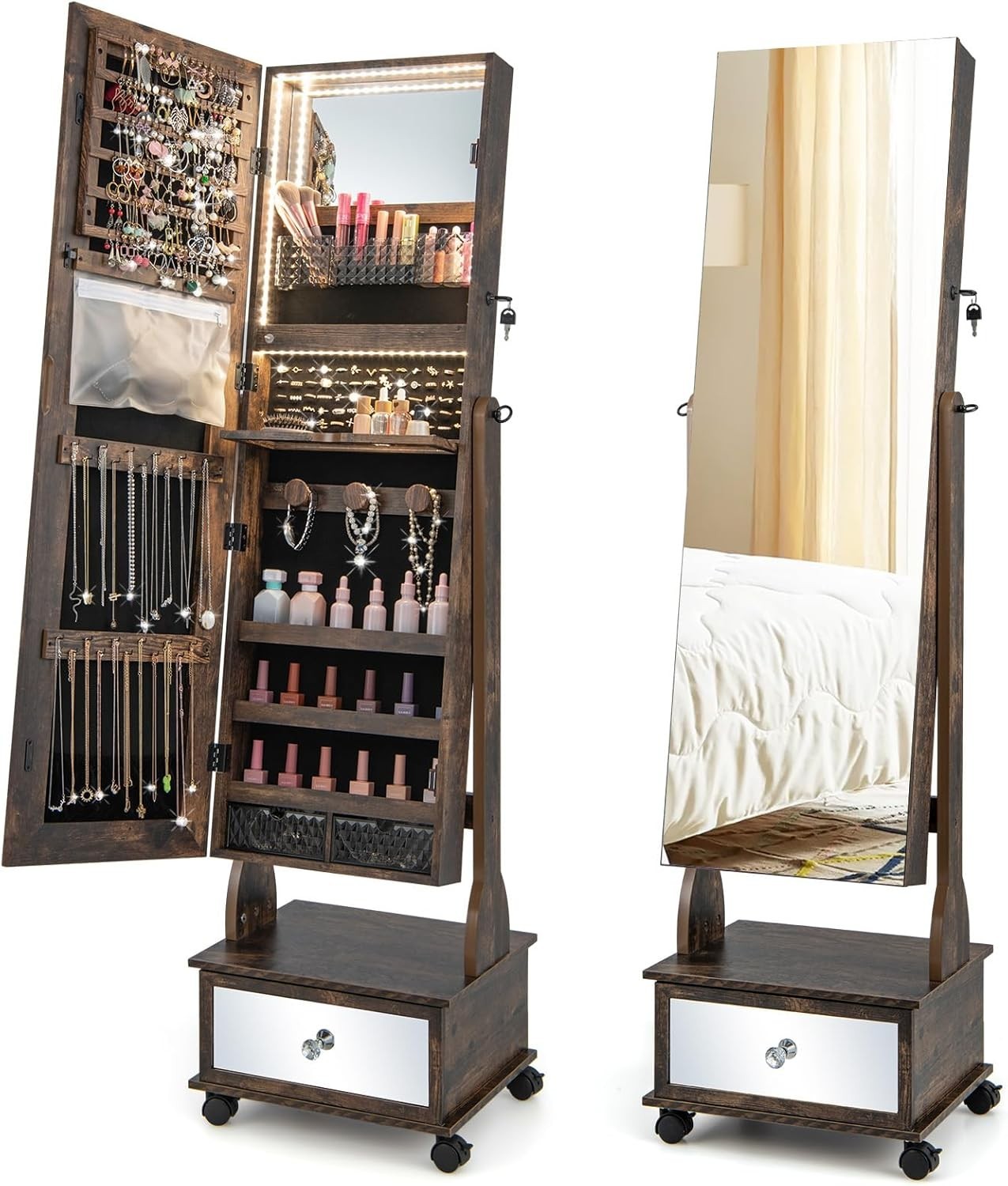 Rustic Brown LED Jewelry Armoire Lockable Mirror Cabinet with Wheels