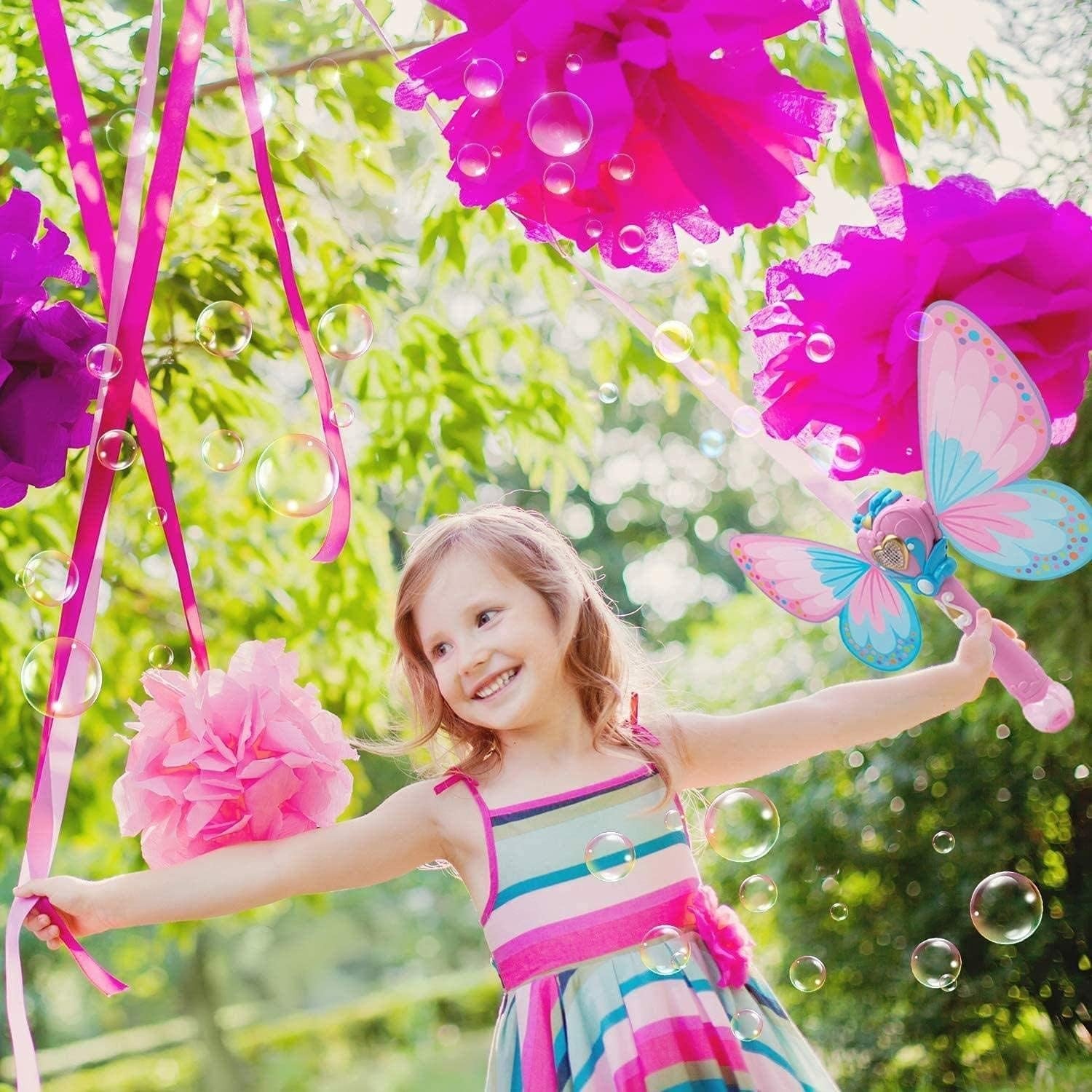 Kids Magic Bubble Wand Butterfly Fairy Light Up Musical Blower Pink