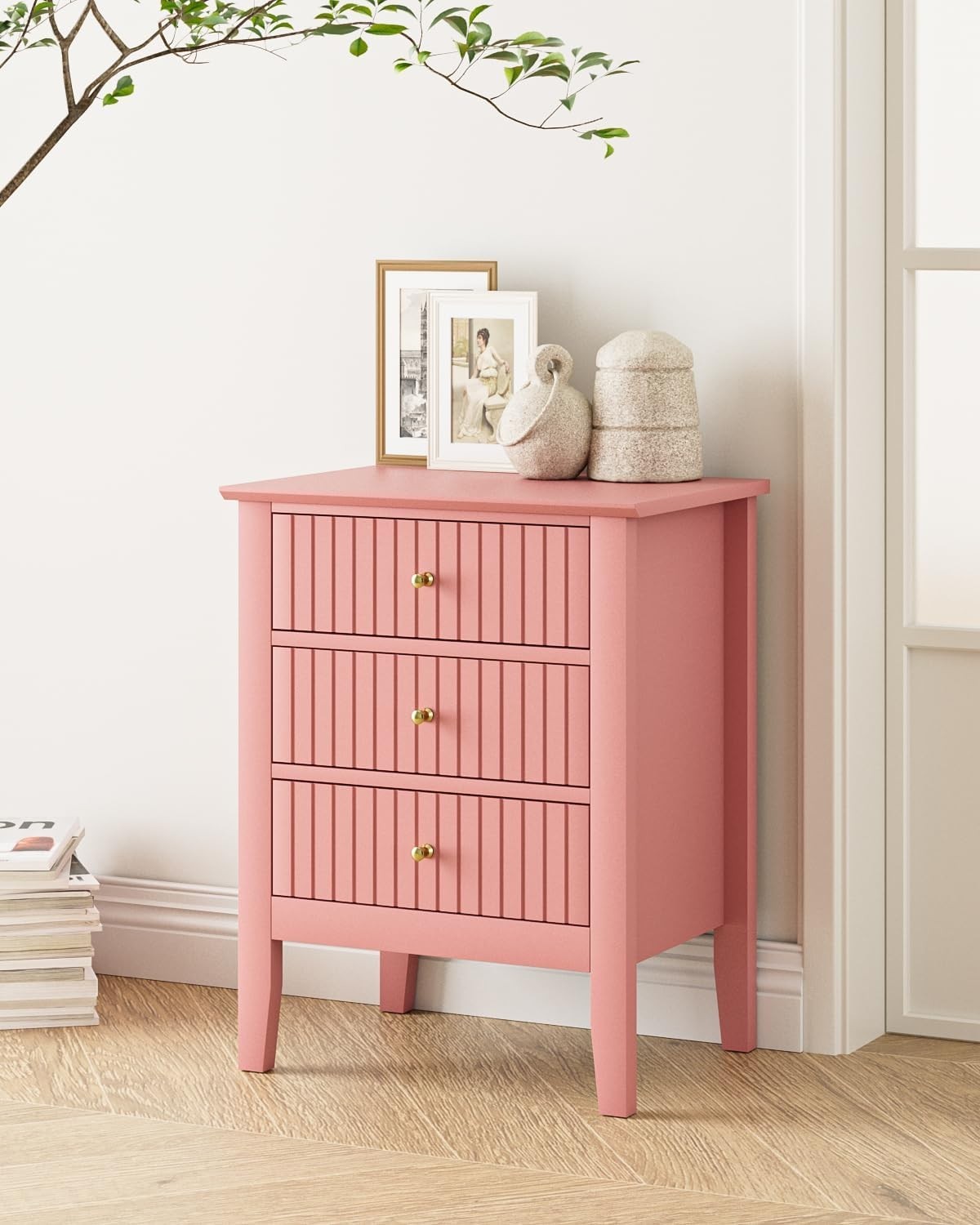 Modern Pink Bedside Table with 3 Drawers Wooden Nightstand Bedroom Storage
