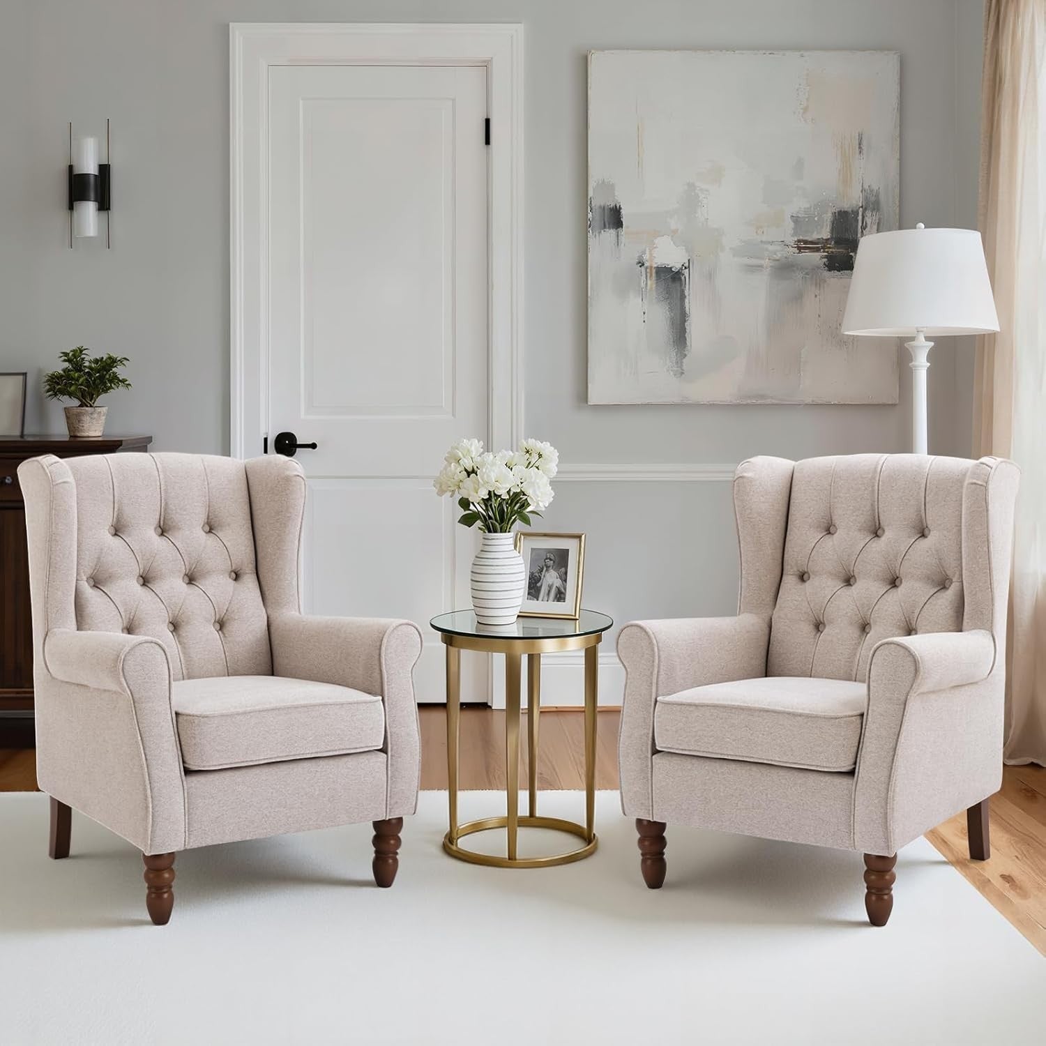 Mid‑Century Modern Wingback Accent Chair Set of 2 – Beige Upholstered Armchairs