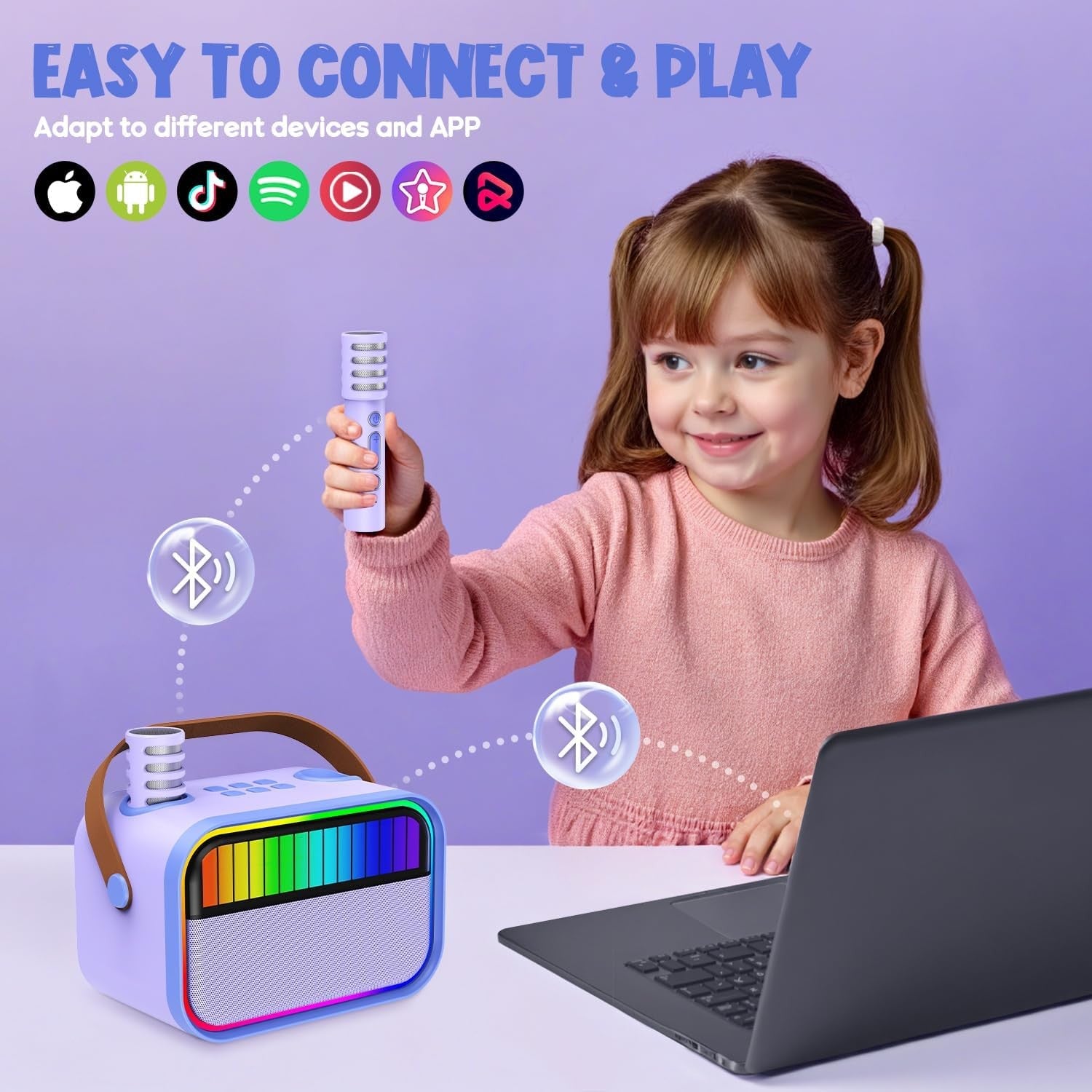 Girls Karaoke Machine 2 Mics Bluetooth LED Party Speaker Purple