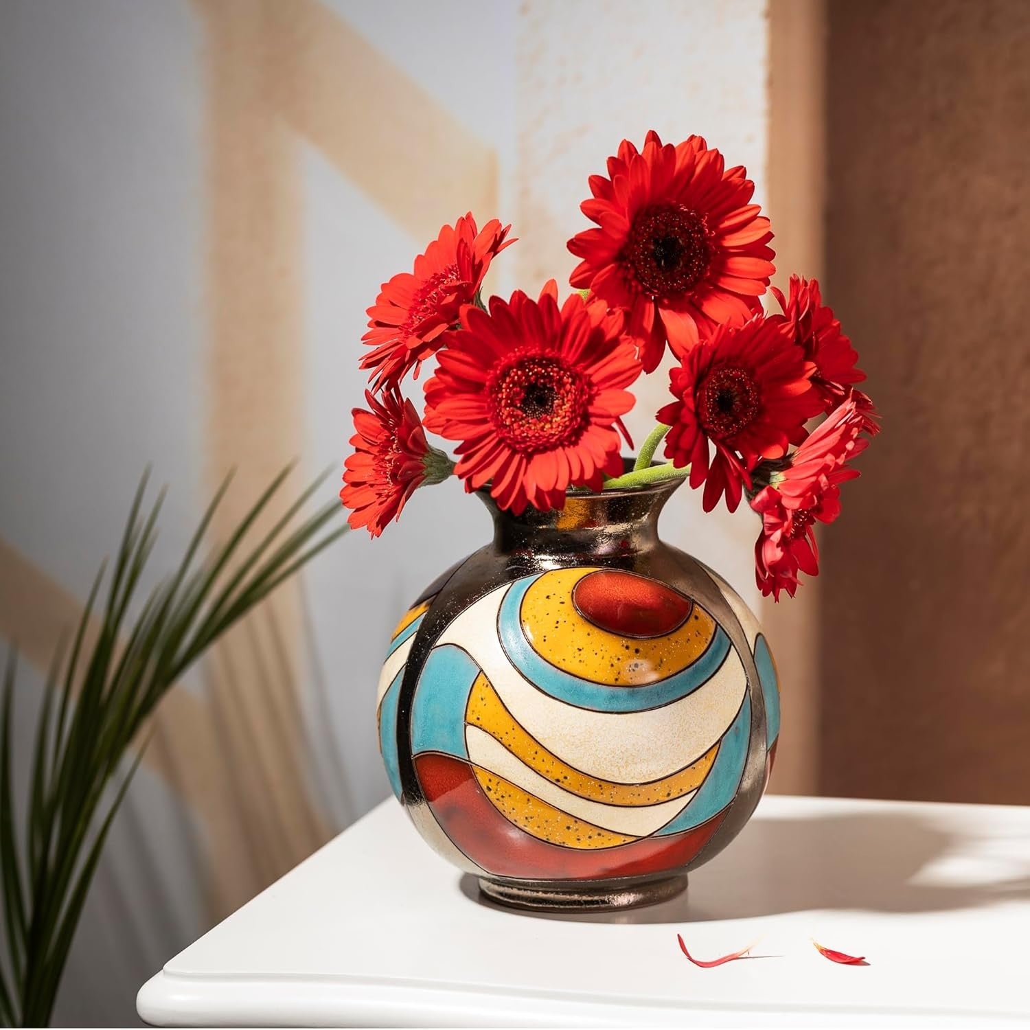 Handmade Ceramic Flower Vase 16cm Round Glazed Art Home Décor Gift