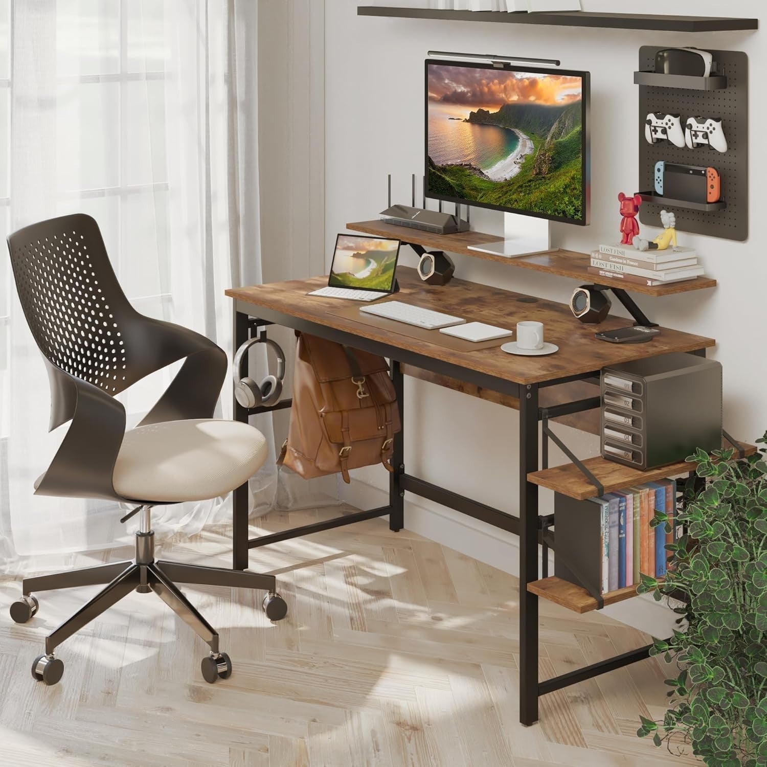 Rustic Brown Computer Desk 120cm with Monitor Stand & Adjustable Shelves