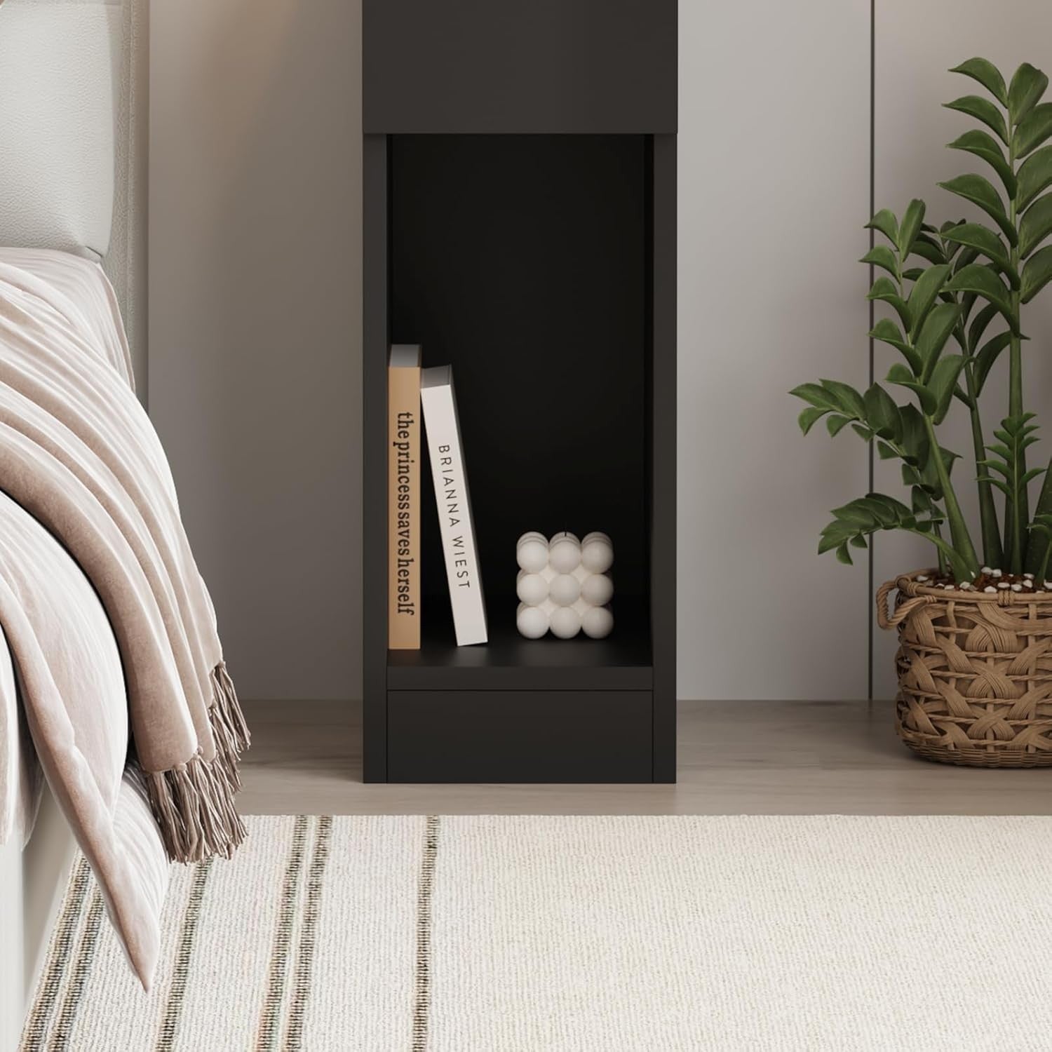 Slim Black Bedside Table Drawer & Shelf, Modern Narrow Nightstand Storage