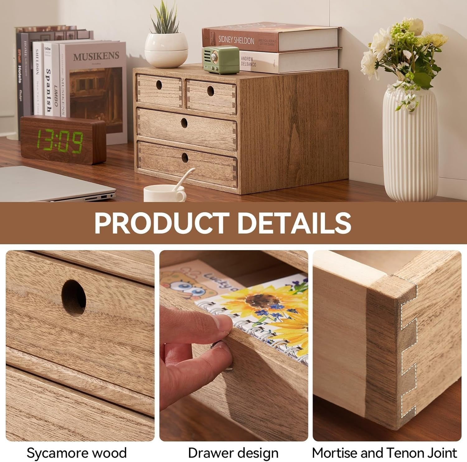 Wood Desktop Organizer 4 Drawer Office Storage Makeup File Box