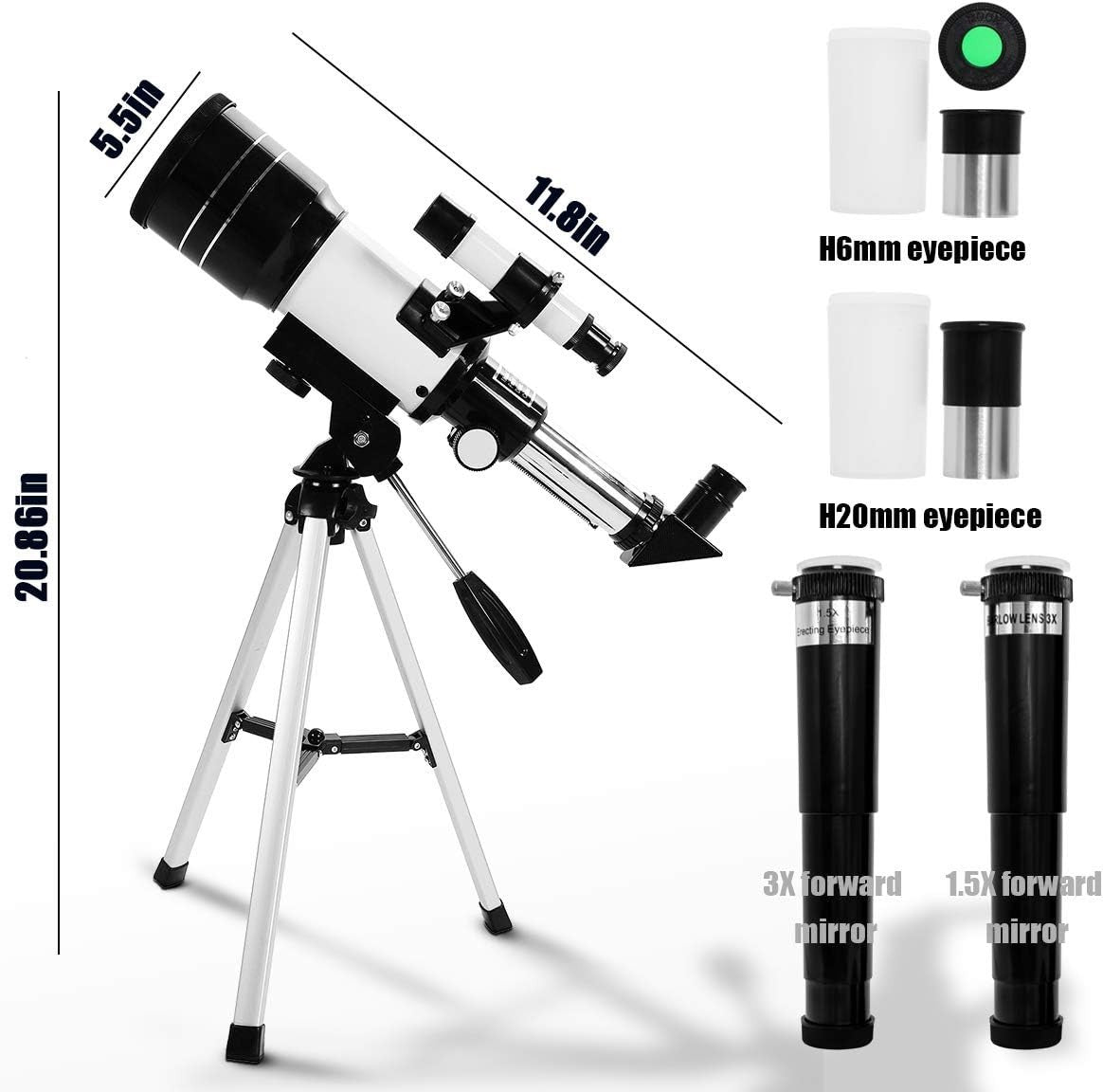 70mm Kids Refractor Telescope 150X Portable White Tripod Set Beginners