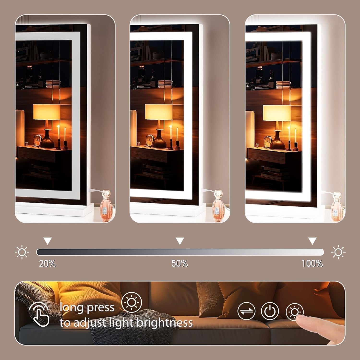 LED Vanity Mirror 80x50cm Wall/Table, 3 Light Modes, Touch Dimming Makeup