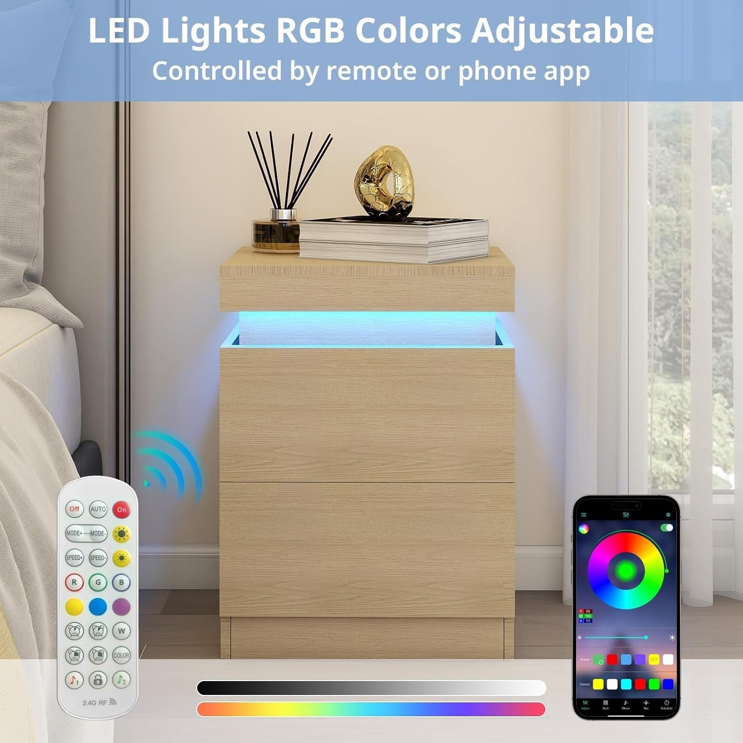 Modern Oak LED Bedside Table with USB Charging, 2 Drawers & Sliding Top Cabinet