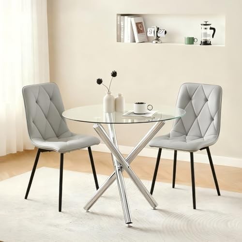 Round Glass Dining Table Set 2 Seater 90cm Space Saving Kitchen Furniture